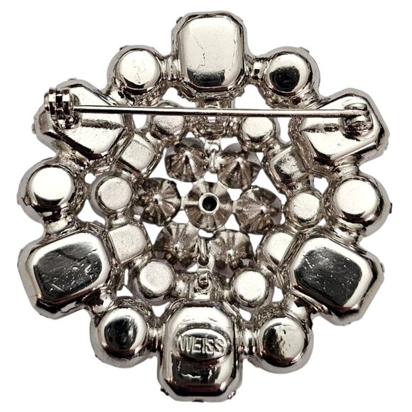 Weiss Clear Rhinestone Brooch Round Cluster Vintage Pin, Signed - Picture 8 of 11